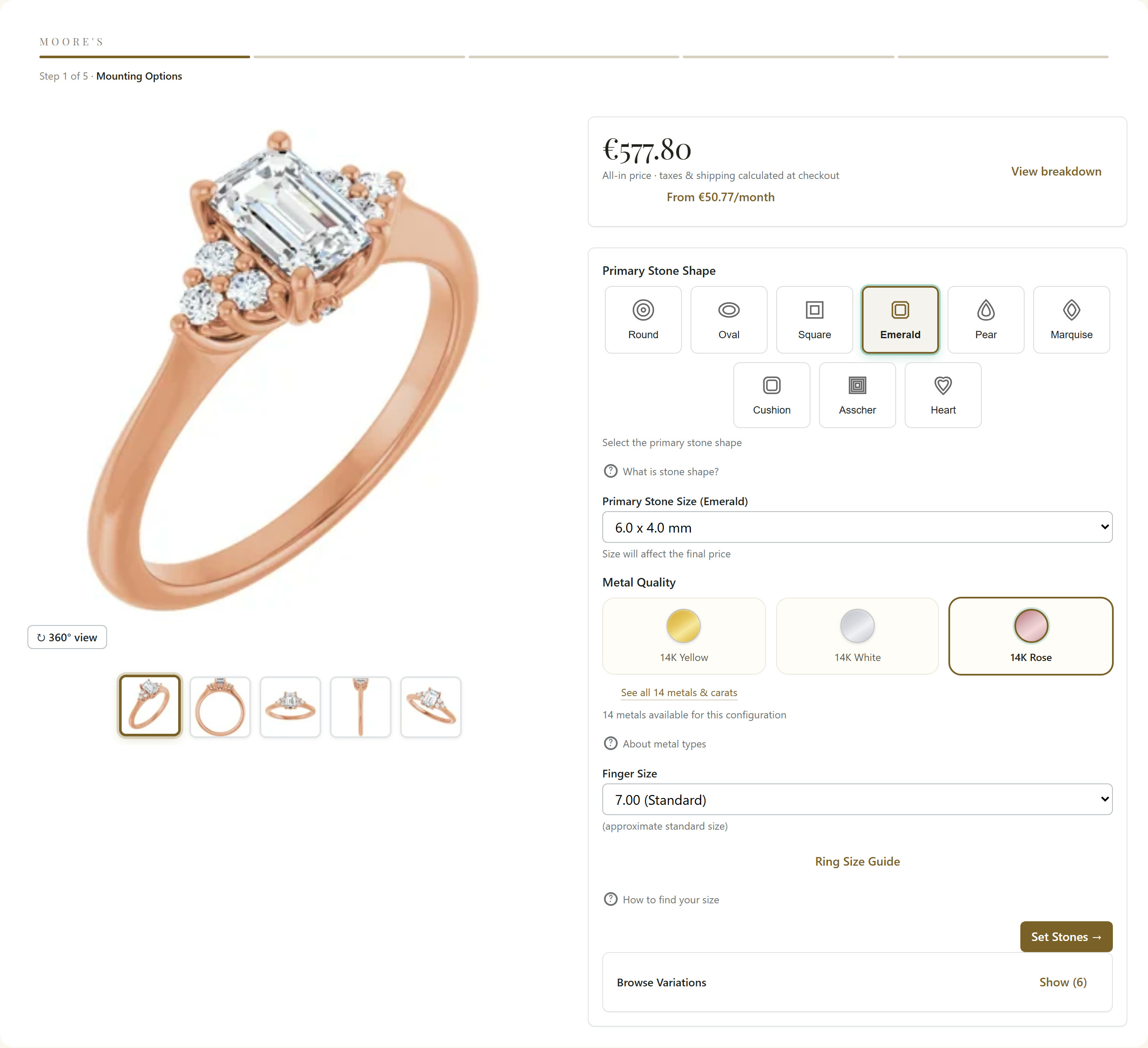 An emerald-cut rose gold three-stone ring with the full shape, size, metal and finger-size controls of the configurator.